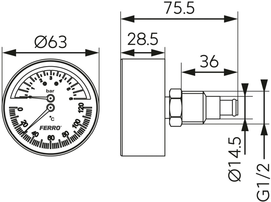 FERRO Termomanometer 63mm 0-6 bar, 120°C, axiálny, TM63A, rozmery, TERMOobchod